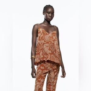 NWT ZARA Printed Boho Camisole Flowy Top in Brown & White Sz L